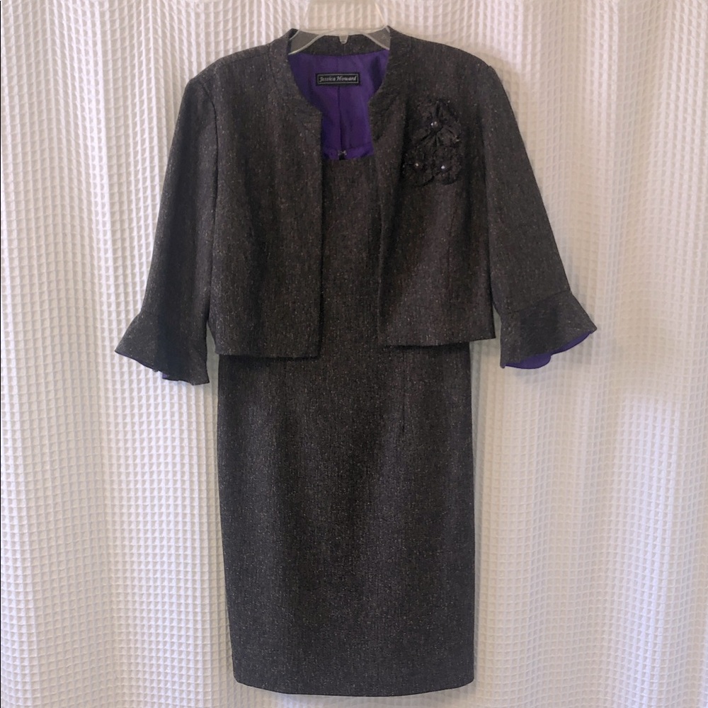 JESSICA HOWARD 2 Piece Women’s Midi Dress with Short Jacket Tweed Like Brown 10P